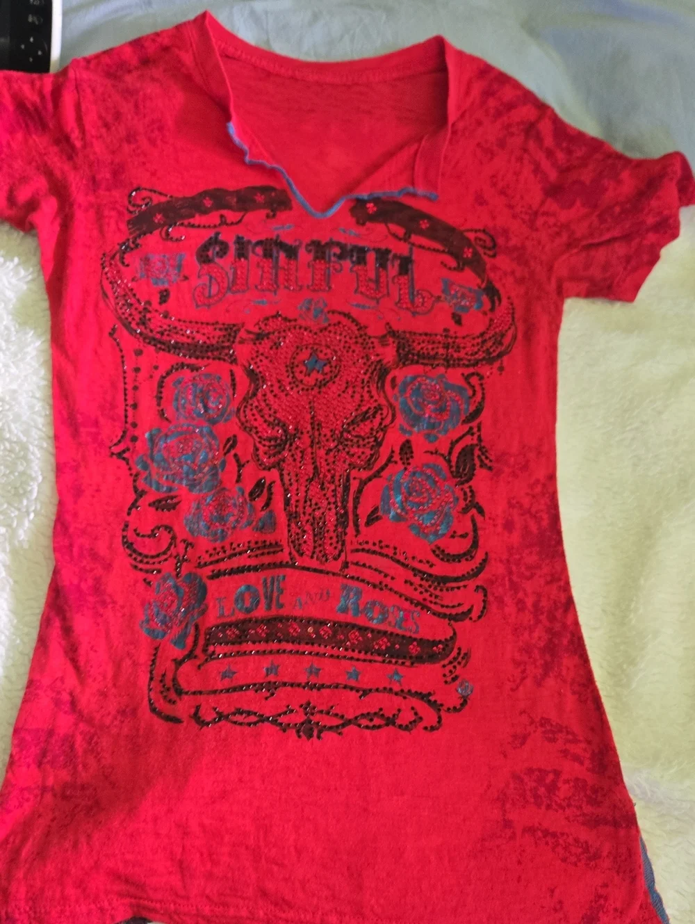 Sinful Red Short Sleeve Tee with Graphic Stud Detail - Picture 1 of 5